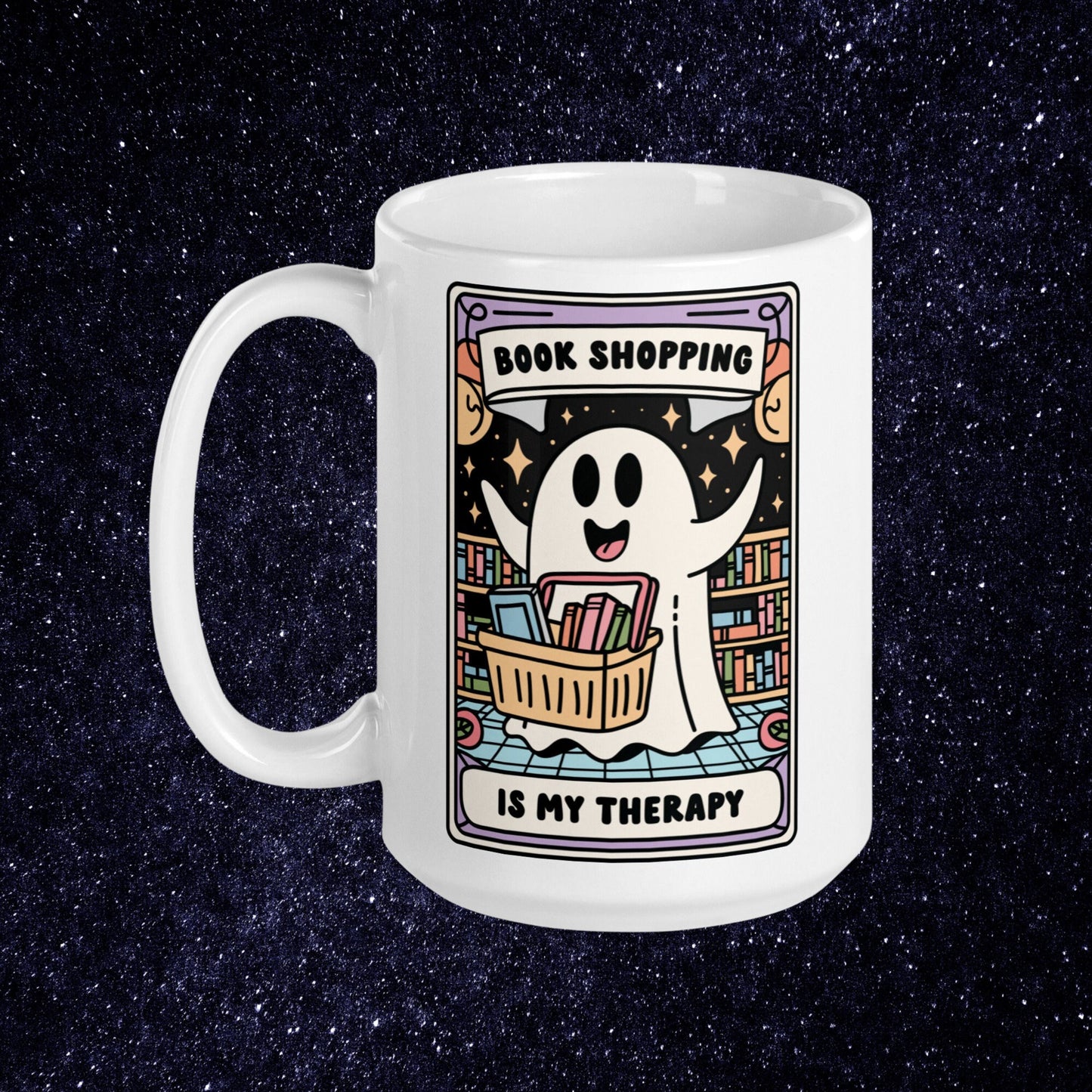 Spooky Bookish Coffee Mug | Book Shopping is my Therapy | Halloween Book Lover Mug | Cute Ghost Cup | Book Addict Bookworm Gifts