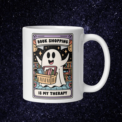 Spooky Bookish Coffee Mug | Book Shopping is my Therapy | Halloween Book Lover Mug | Cute Ghost Cup | Book Addict Bookworm Gifts