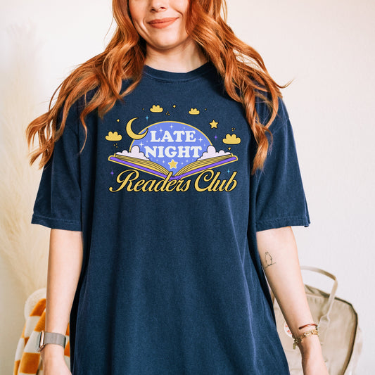 Late Night Readers Club Bookish Tshirt | Bookworm Merch | Reading Addict Gifts | Book Lover Shirt | Up all night reading | Bookish Shop