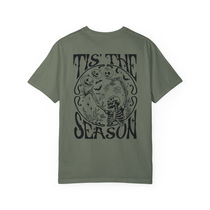 Tis the Season Halloween Tshirt | Spooky Cute Skeleton Shirt | Fall and Halloween Lover Gift | Front and Back Design | Skull pumpkin bats