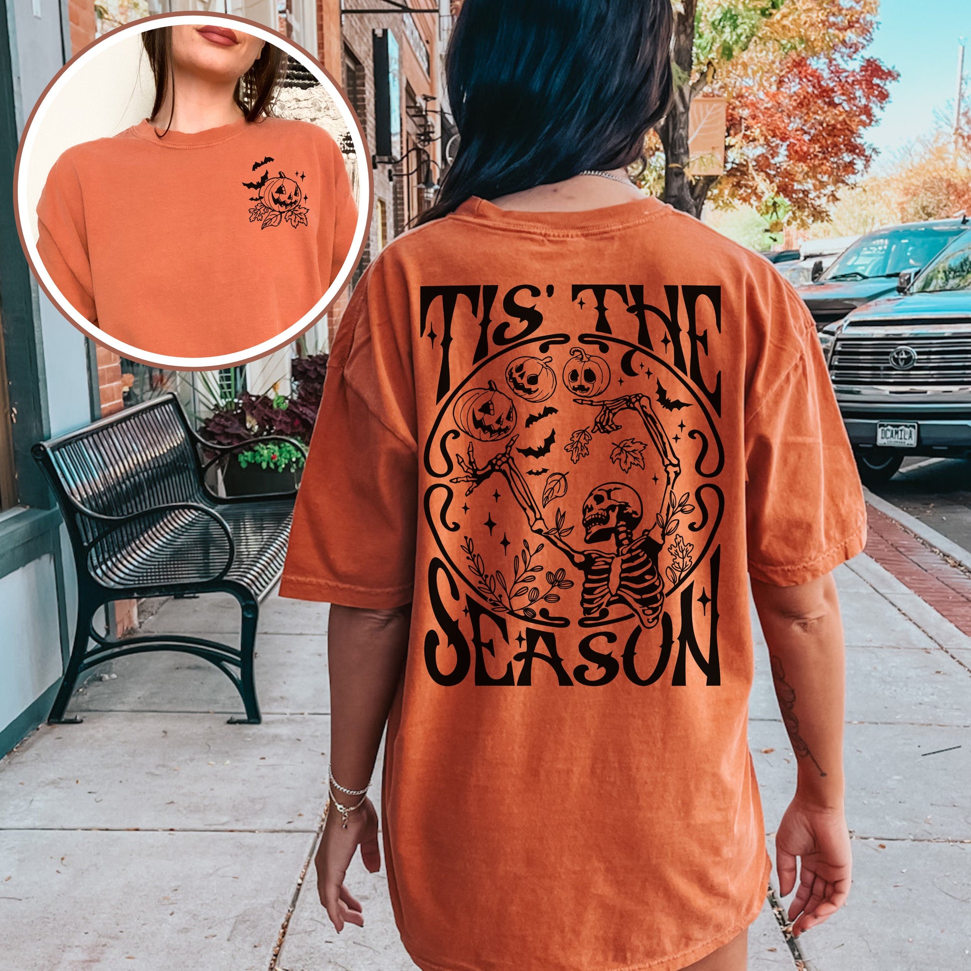 Tis the Season Halloween Tshirt | Spooky Cute Skeleton Shirt | Fall and Halloween Lover Gift | Front and Back Design | Skull pumpkin bats