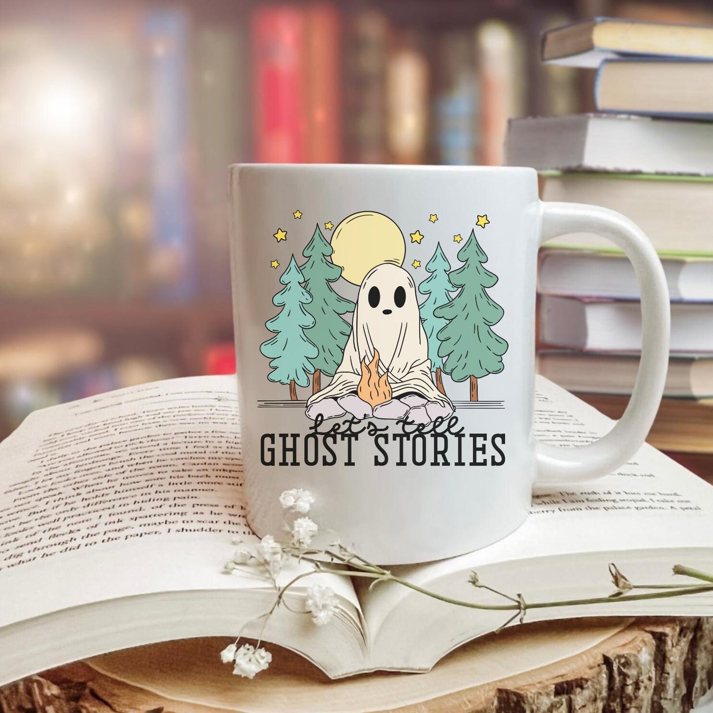 Lets Tell Ghost Stories Spooky Mug | Bookish Halloween Coffee Cup | Spooky Cute Ghost Mug | Horror Lover Gifts | Cozy Fall Mug