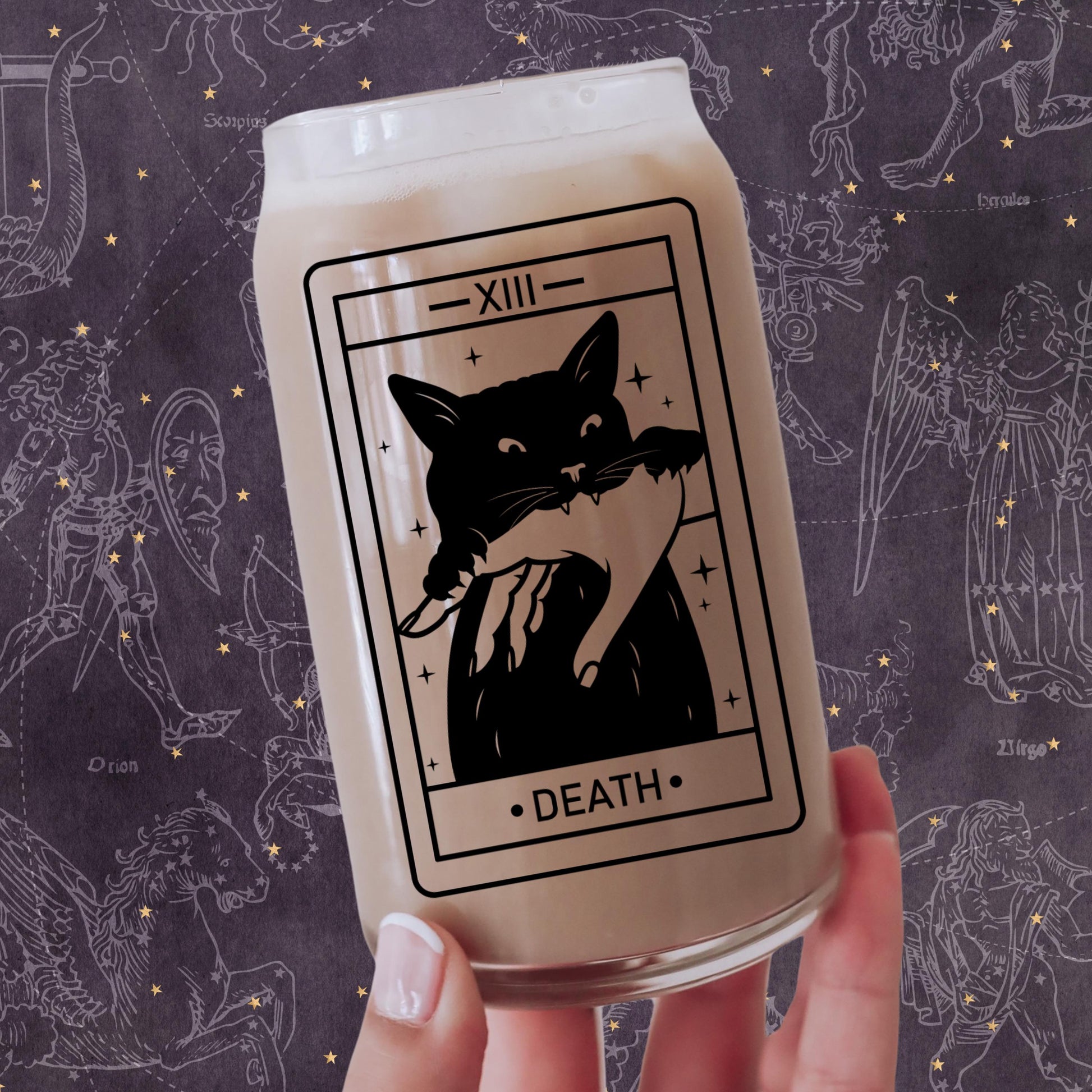 Death Black Cat Tarot Class | Witchy Cat Iced Coffee Glass | Beer can Glass with Lid and Straw | Cat Mom Gifts | Spooky Cute witchy gothic