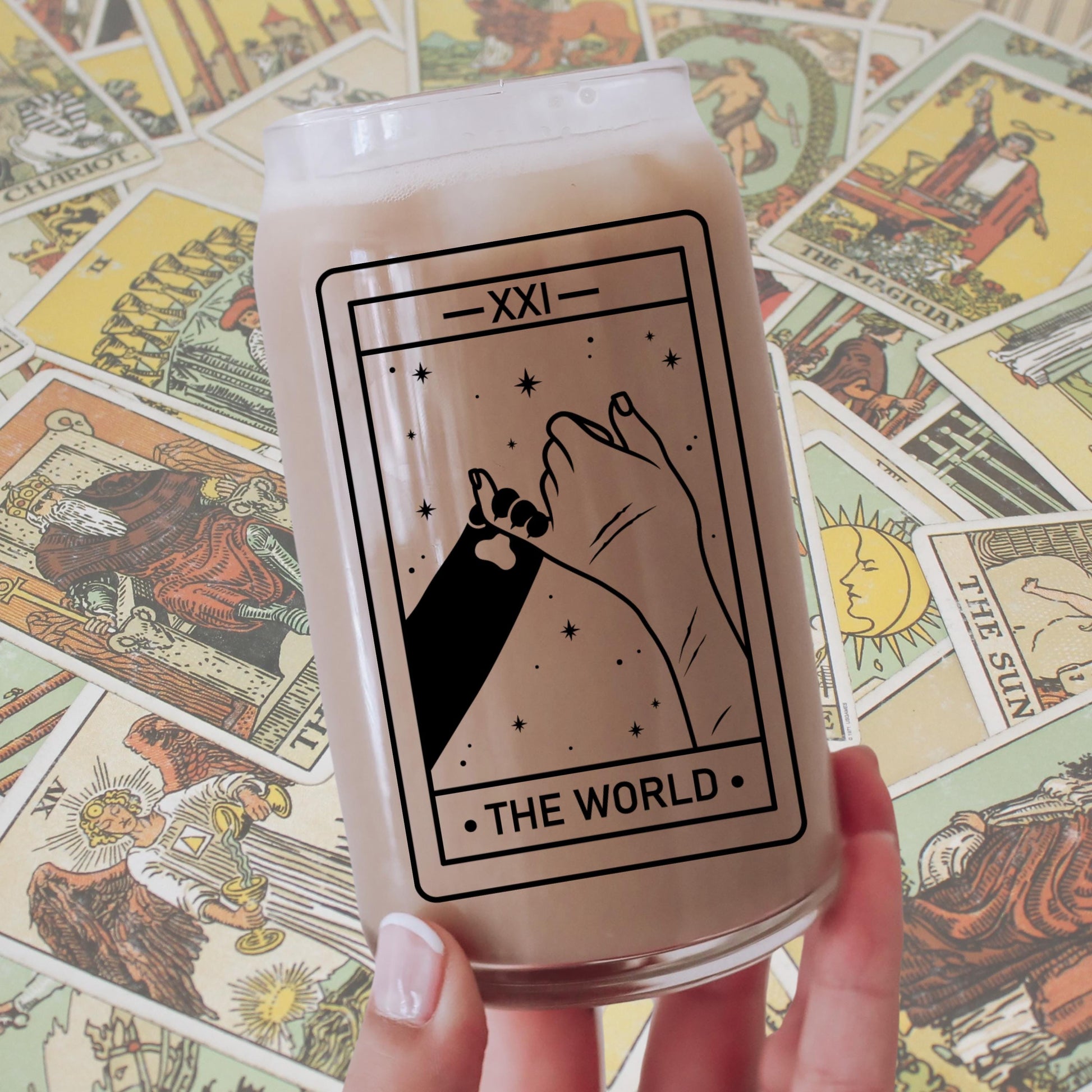 The World Cat Lover Tarot Glass | Iced Coffee Beer Can Glass | Cat Mom Gifts | Cute Witchy Cat Cup | Cat Paws