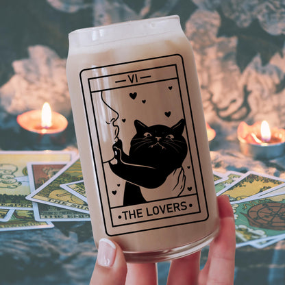 The Lover Cat Lover Tarot Class | Witchy Cat Iced Coffee Glass | Beer can Glass with Lid and Straw | Cat Mom Gifts | Black Cat Tarot Card