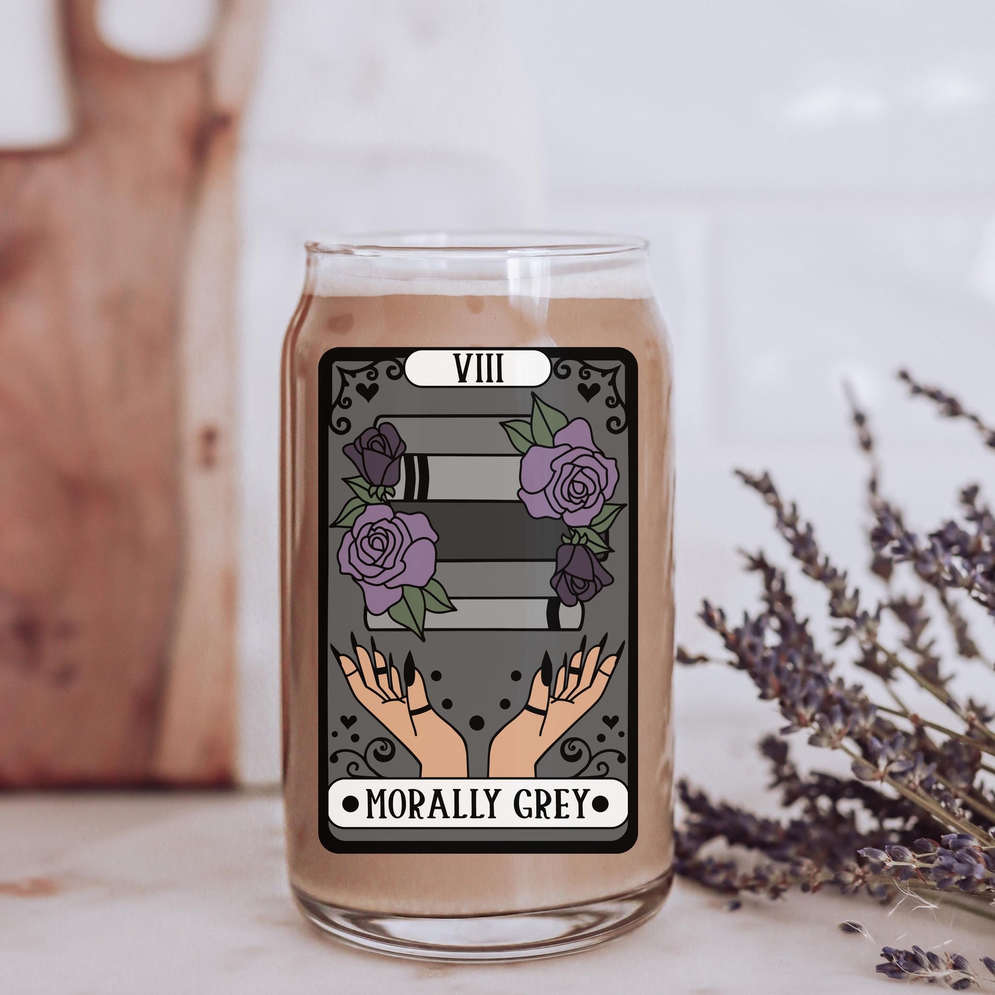 Morally Gray Tarot Witchy Iced Coffee Glass | Bookish Coffee Lover gift | Team Villain Dark Romance Enemies to Lovers Bookworm Gothic Vibes