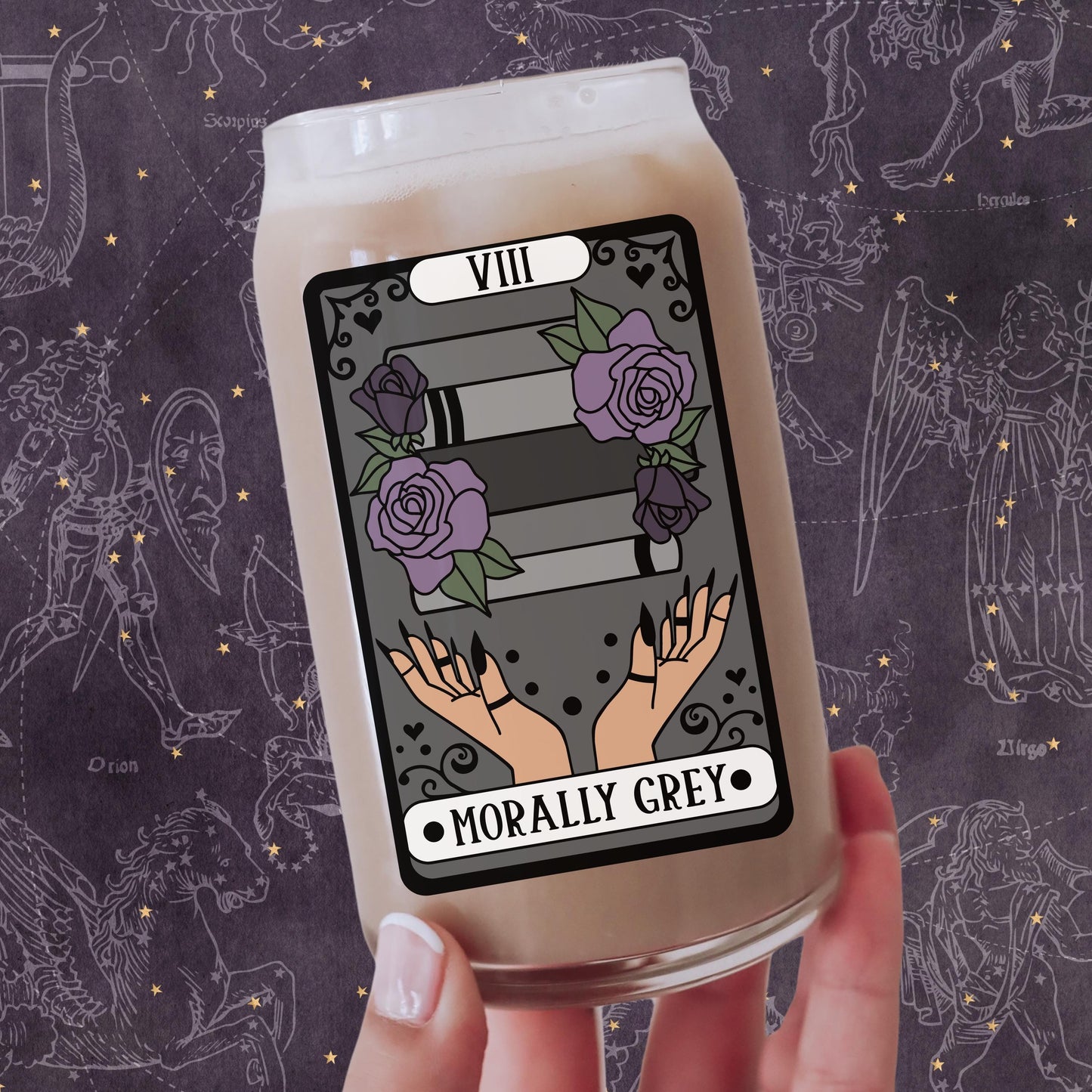 Morally Gray Tarot Witchy Iced Coffee Glass | Bookish Coffee Lover gift | Team Villain Dark Romance Enemies to Lovers Bookworm Gothic Vibes