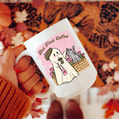 But first Coffee Spooky Cute Ghost Mug | Halloween Lover Coffee Cup | Spooky Season Cozy Fall Mug | Halloween Lover Gift | Kawaii Cute Ghost