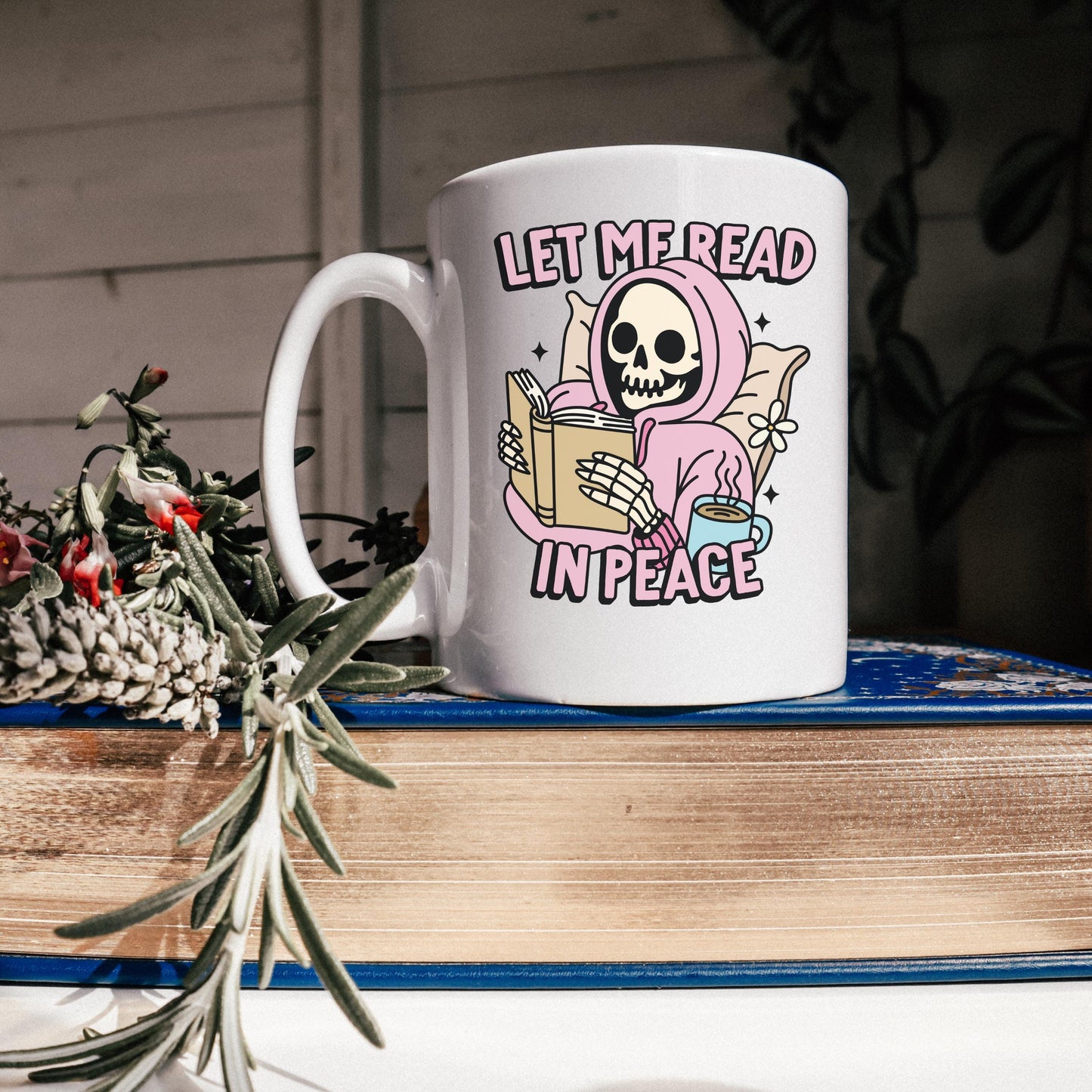 Let Me Read in Peace Spooky Bookish Mug | Skeleton Reading Coffee Cup | Spooky Cute Halloween Reader Gifts | Bookish Fall Mug | Cute Goth