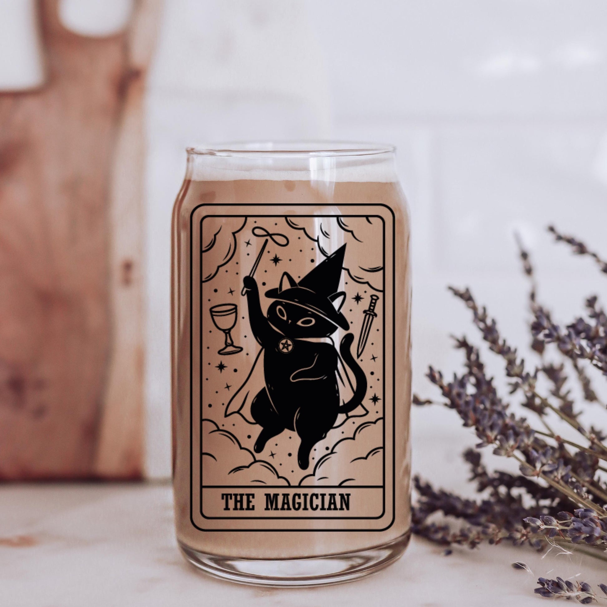 The Magician Black Cat Tarot Glass | Witchy Cat Iced Coffee Cup | Beer Can Glass Lid and Straw | Cat Mom Gifts | Spooky Cute Halloween Fall