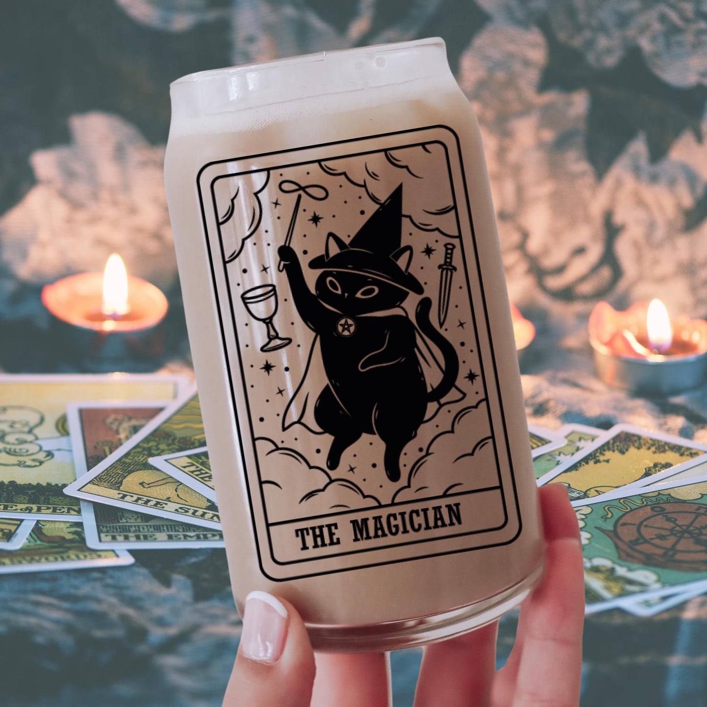 The Magician Black Cat Tarot Glass | Witchy Cat Iced Coffee Cup | Beer Can Glass Lid and Straw | Cat Mom Gifts | Spooky Cute Halloween Fall