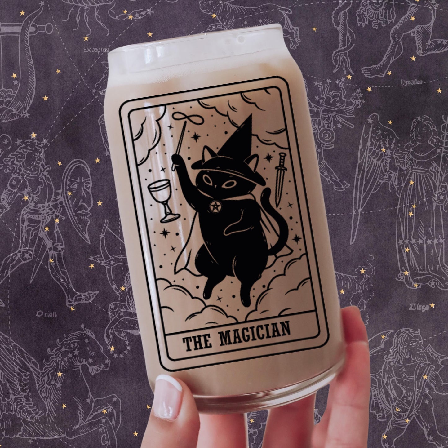 The Magician Black Cat Tarot Glass | Witchy Cat Iced Coffee Cup | Beer Can Glass Lid and Straw | Cat Mom Gifts | Spooky Cute Halloween Fall