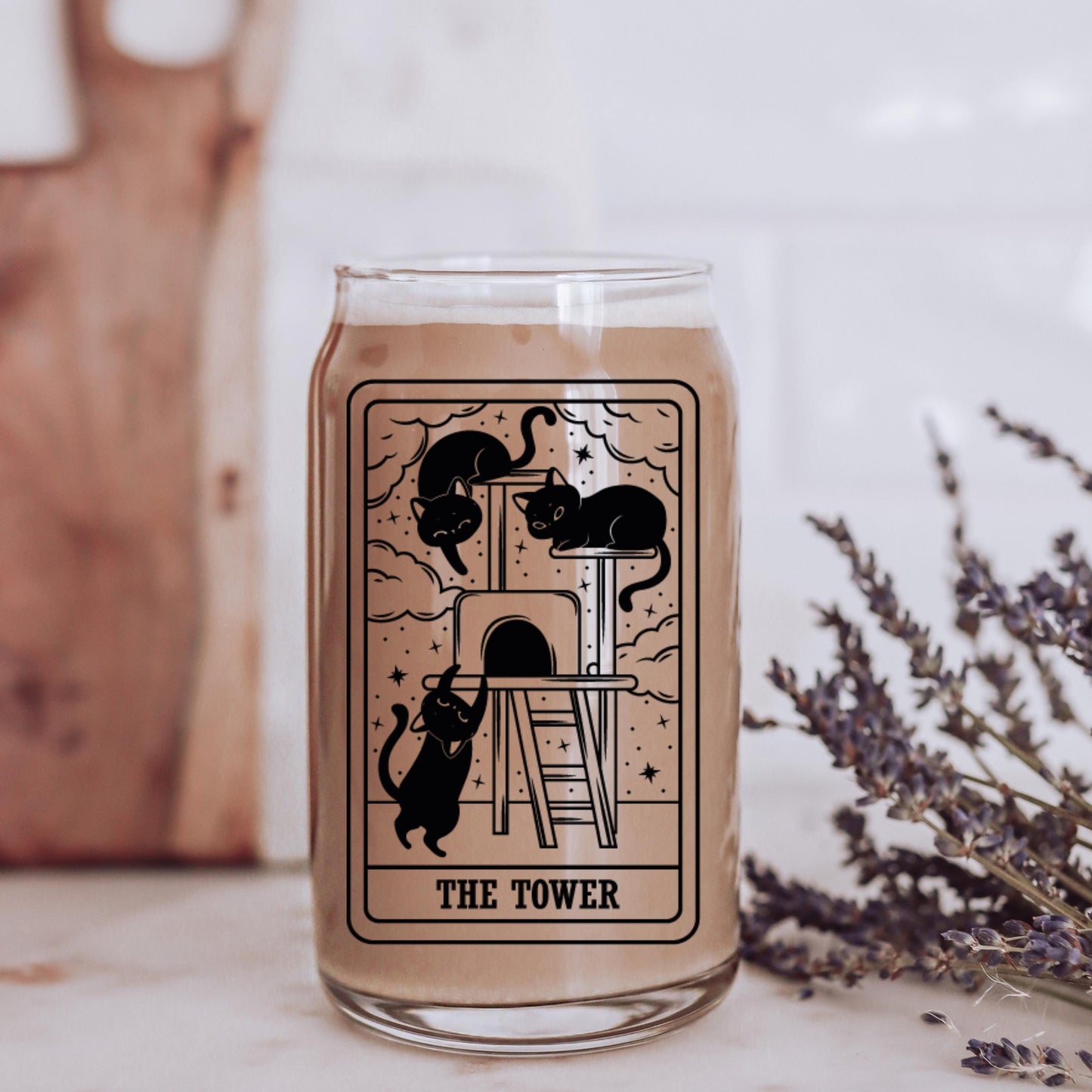 The Tower Black Cat Tarot Glass | Witchy Cat Iced Coffee Glass | Glass with Lid and Straw | Funny Cat Mom Gifts | Spooky Cute witchy gothic