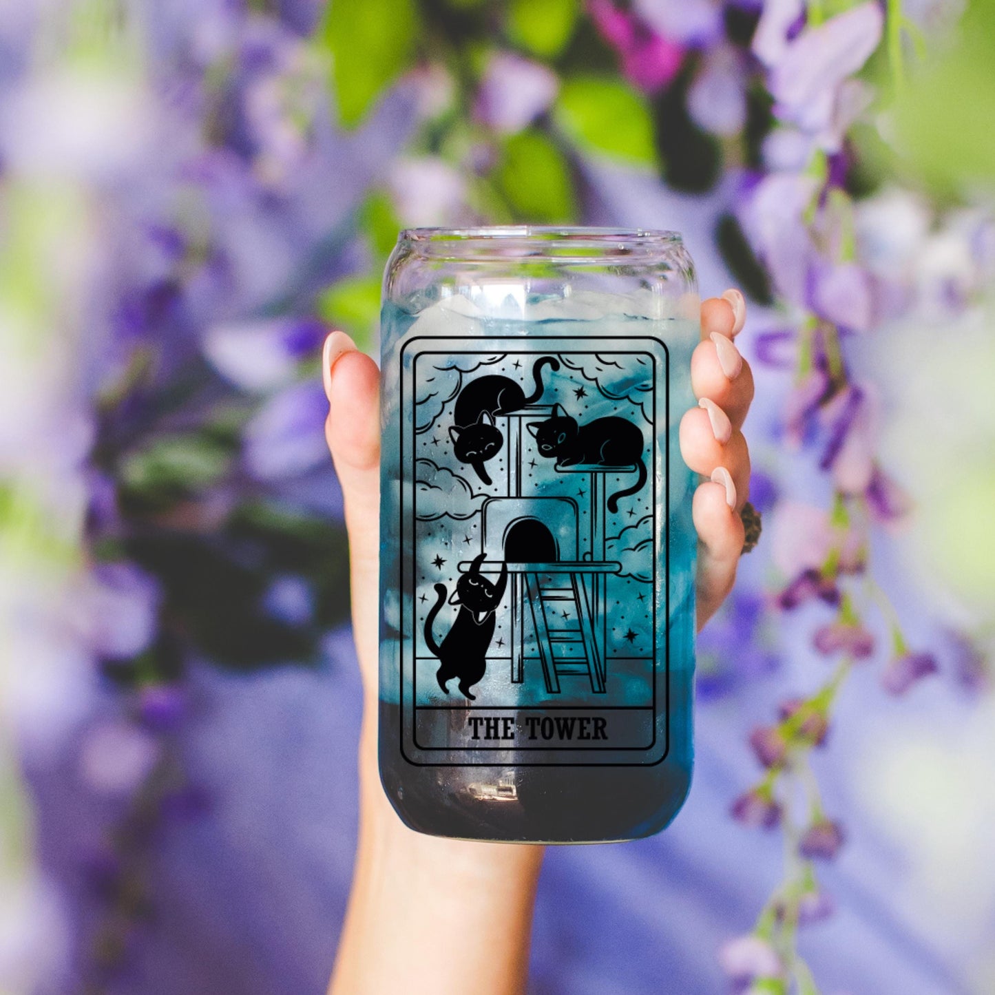 The Tower Black Cat Tarot Glass | Witchy Cat Iced Coffee Glass | Glass with Lid and Straw | Funny Cat Mom Gifts | Spooky Cute witchy gothic