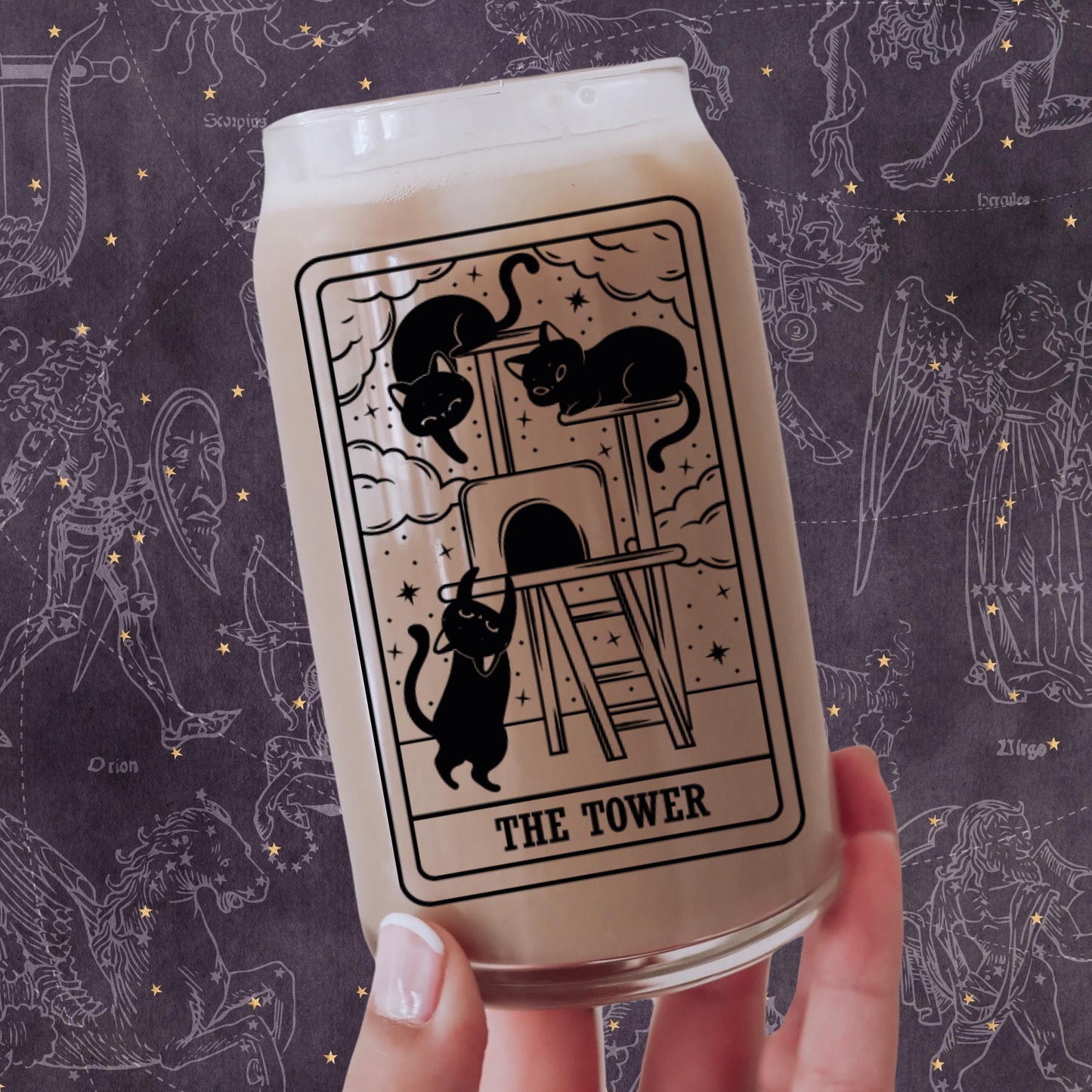 The Tower Black Cat Tarot Glass | Witchy Cat Iced Coffee Glass | Glass with Lid and Straw | Funny Cat Mom Gifts | Spooky Cute witchy gothic