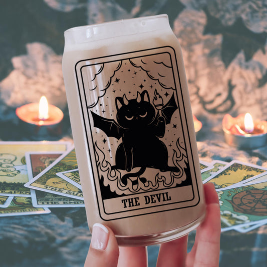 The Devil Black Cat Tarot Glass | Witchy Cat Iced Coffee Glass | Beer can Glass Lid and Straw | Funny Cat Mom Gift | Spooky Cute Cat Cup