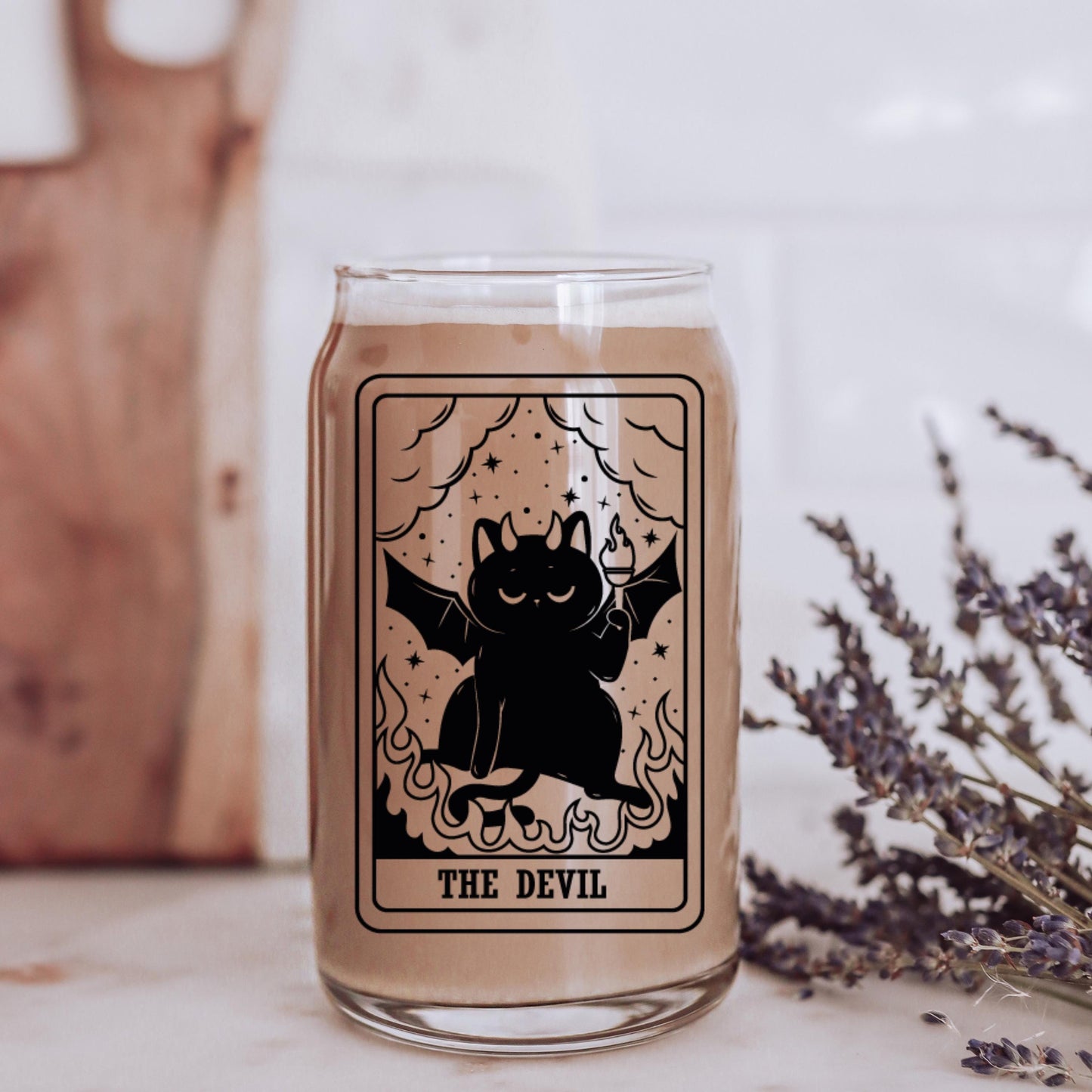 The Devil Black Cat Tarot Glass | Witchy Cat Iced Coffee Glass | Beer can Glass Lid and Straw | Funny Cat Mom Gift | Spooky Cute Cat Cup