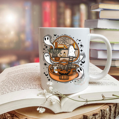 Spooky Cute Bookish Halloween Mug | Cute Ghosts Reading Cup | Halloween Book Lover Gifts | Bookworm Fall | Haunted Library Dark Cottagecore