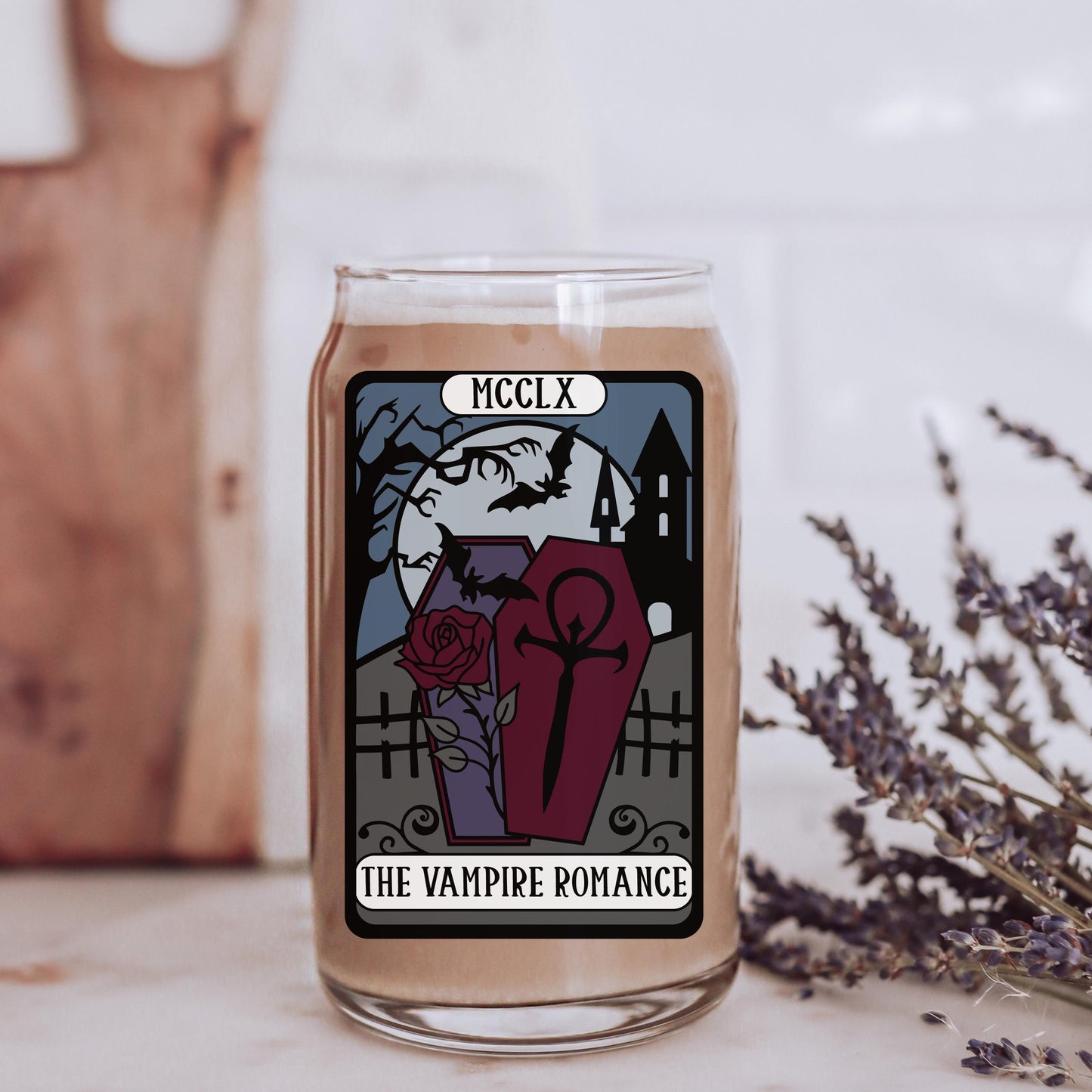 Vampire Romance Bookish Tarot Card Glass | Spooky Reader Iced Coffee Cup | Twilight Fan Gifts | Halloween Witchy Vibes | Reading Accessories