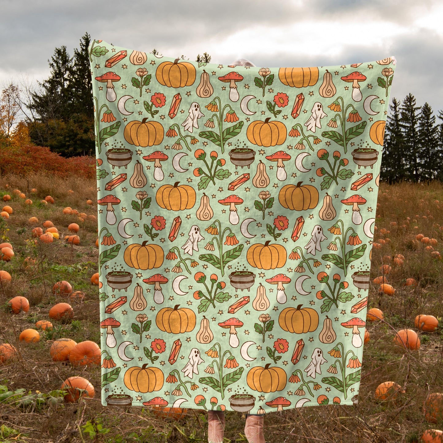 Cozy Autumn Plush Throw Blanket | Spooky Cute Ghosts, Pumpkins and Mushrooms | Dark Cottagecore Fall Decor | Halloween Lover Gifts