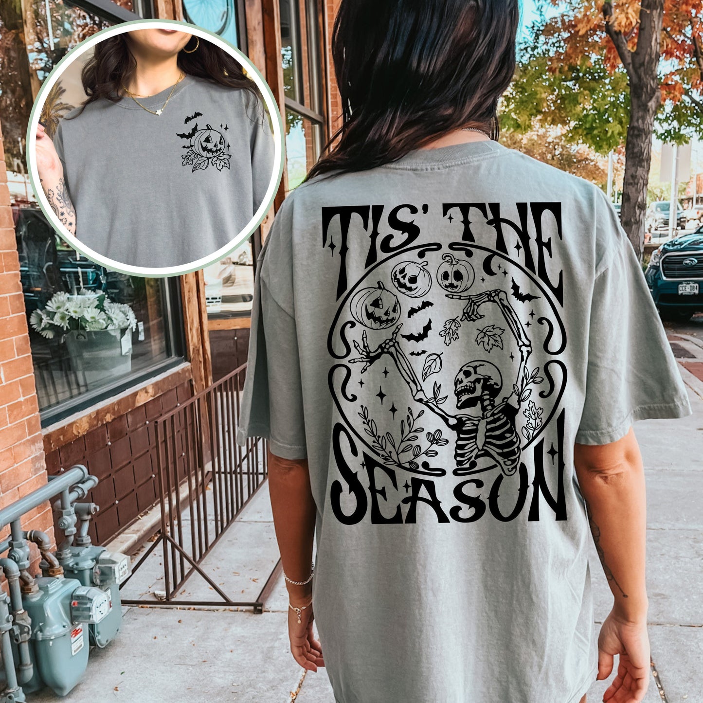 Tis the Season Halloween Tshirt | Spooky Cute Skeleton Shirt | Fall and Halloween Lover Gift | Front and Back Design | Skull pumpkin bats