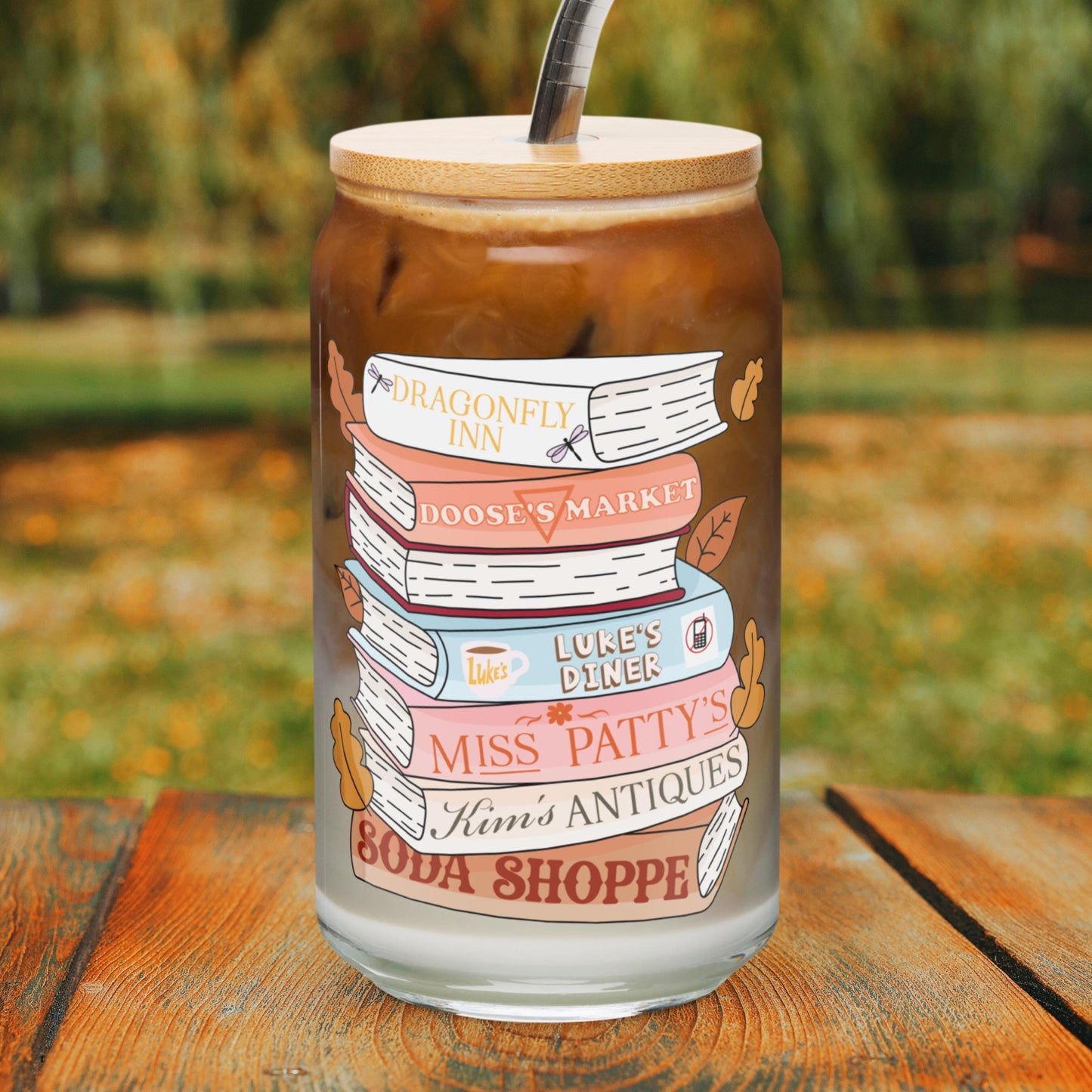 Stars Hollow Book Stack Iced Coffee Glass | Gilmore Girls Season Coffee Cup | Cozy Fall and Autumn Lover Gifts | Luke, Lorelei, Rory TV Show