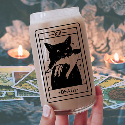 Death Black Cat Tarot Class | Witchy Cat Iced Coffee Glass | Beer can Glass with Lid and Straw | Cat Mom Gifts | Spooky Cute witchy gothic