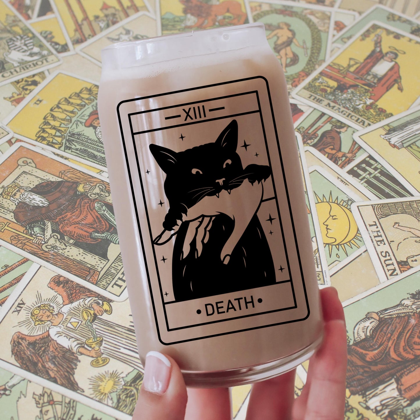 Death Black Cat Tarot Class | Witchy Cat Iced Coffee Glass | Beer can Glass with Lid and Straw | Cat Mom Gifts | Spooky Cute witchy gothic