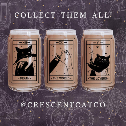 Death Black Cat Tarot Class | Witchy Cat Iced Coffee Glass | Beer can Glass with Lid and Straw | Cat Mom Gifts | Spooky Cute witchy gothic