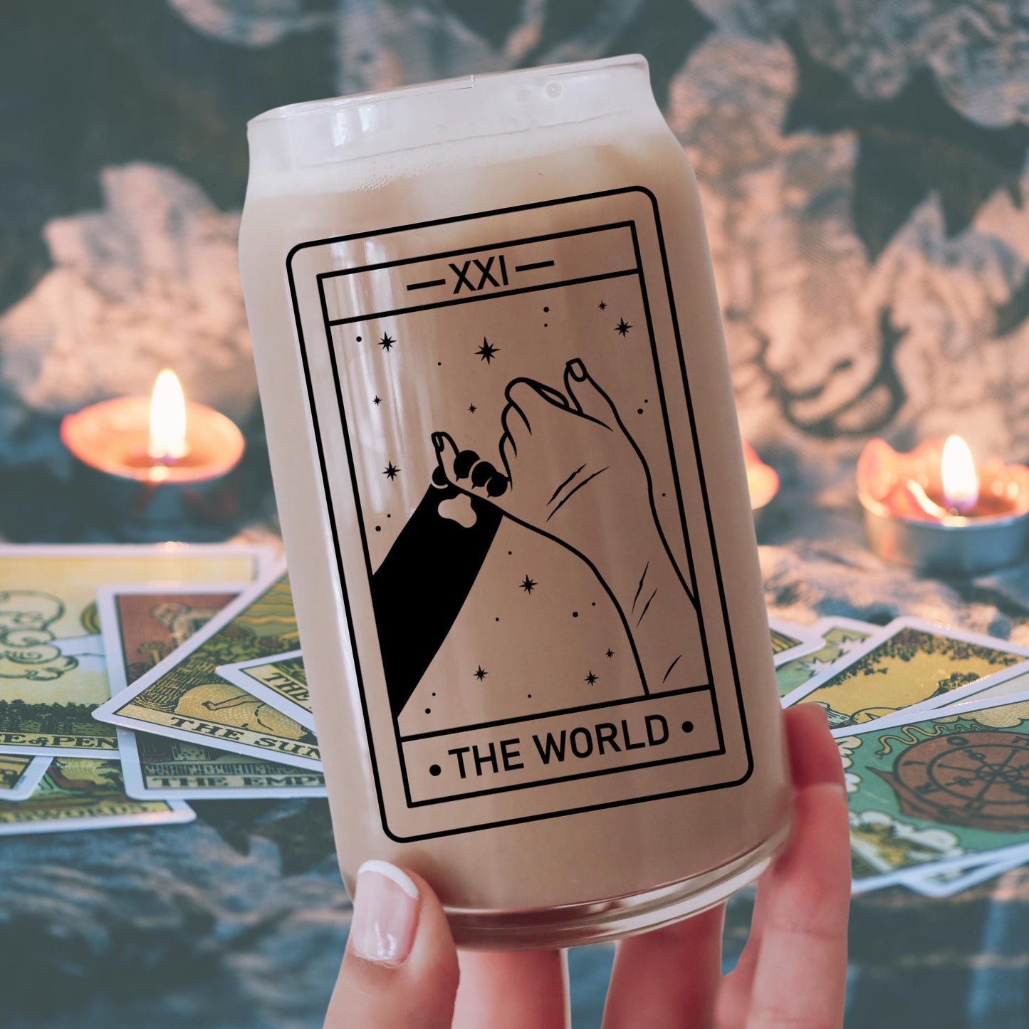 The World Cat Lover Tarot Glass | Iced Coffee Beer Can Glass | Cat Mom Gifts | Cute Witchy Cat Cup | Cat Paws