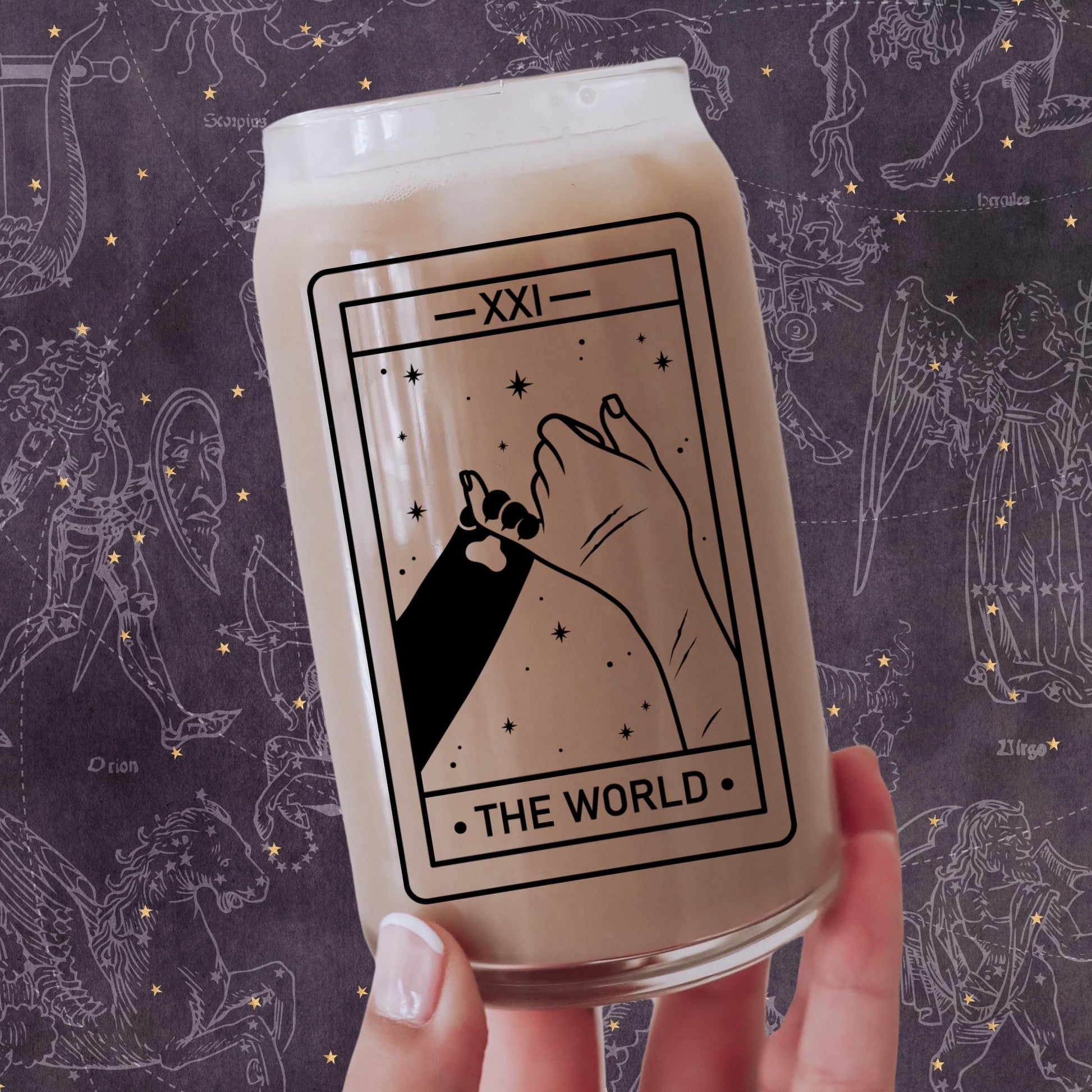 The World Cat Lover Tarot Glass | Iced Coffee Beer Can Glass | Cat Mom Gifts | Cute Witchy Cat Cup | Cat Paws