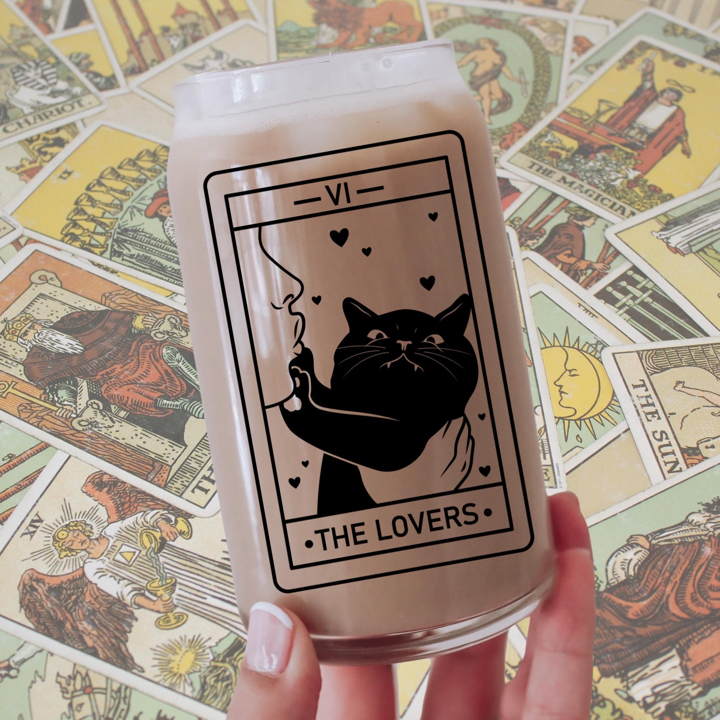 The Lover Cat Lover Tarot Class | Witchy Cat Iced Coffee Glass | Beer can Glass with Lid and Straw | Cat Mom Gifts | Black Cat Tarot Card