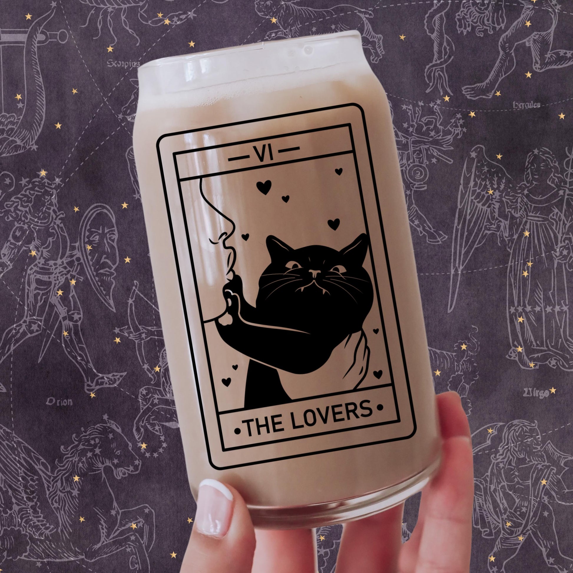 The Lover Cat Lover Tarot Class | Witchy Cat Iced Coffee Glass | Beer can Glass with Lid and Straw | Cat Mom Gifts | Black Cat Tarot Card