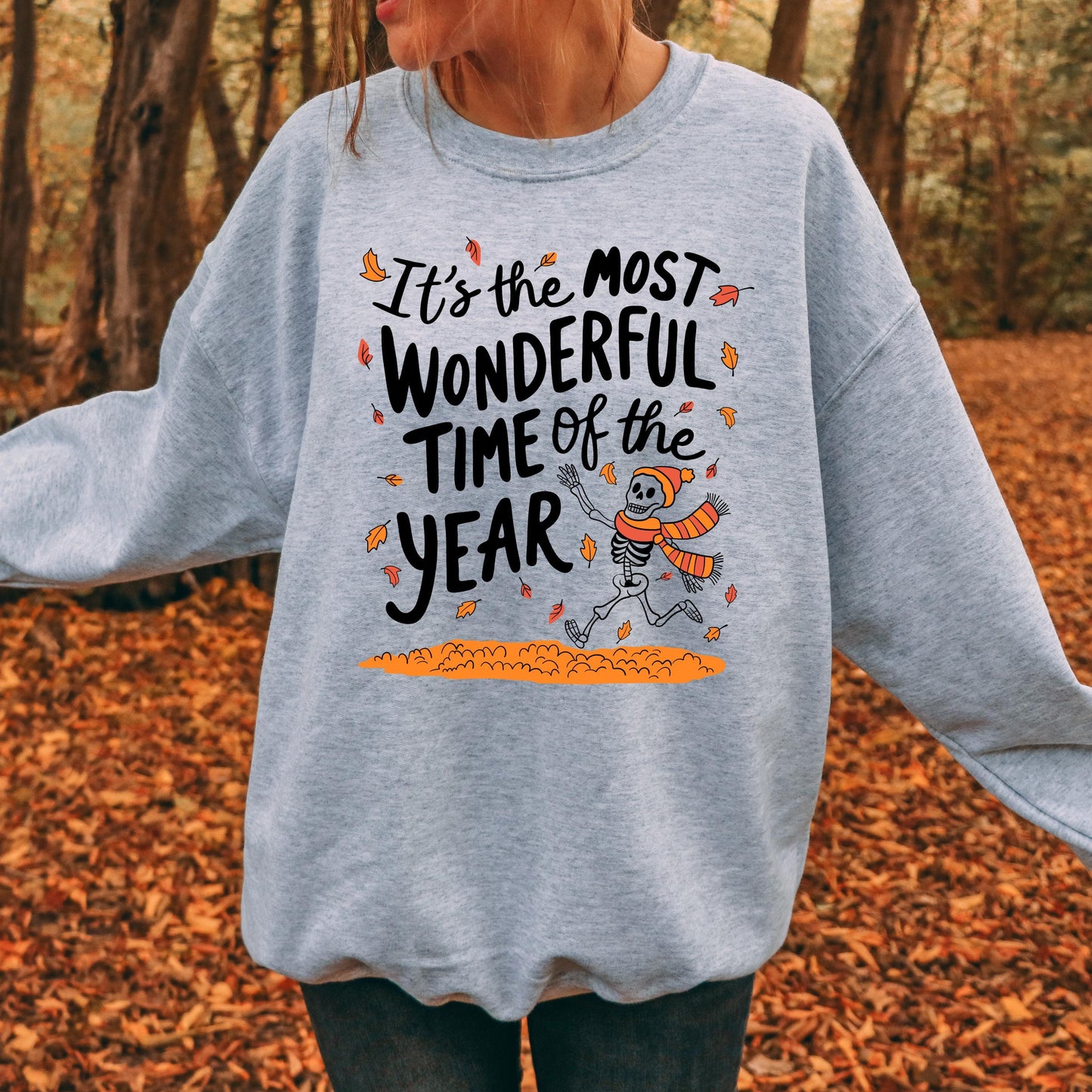 Most Wonderful Time Cute Fall Lover Sweatshirt, Halloween Obsessed Crewneck, Autumn Leaves Pumpkin Spice, Skeleton Spooky Season Gift