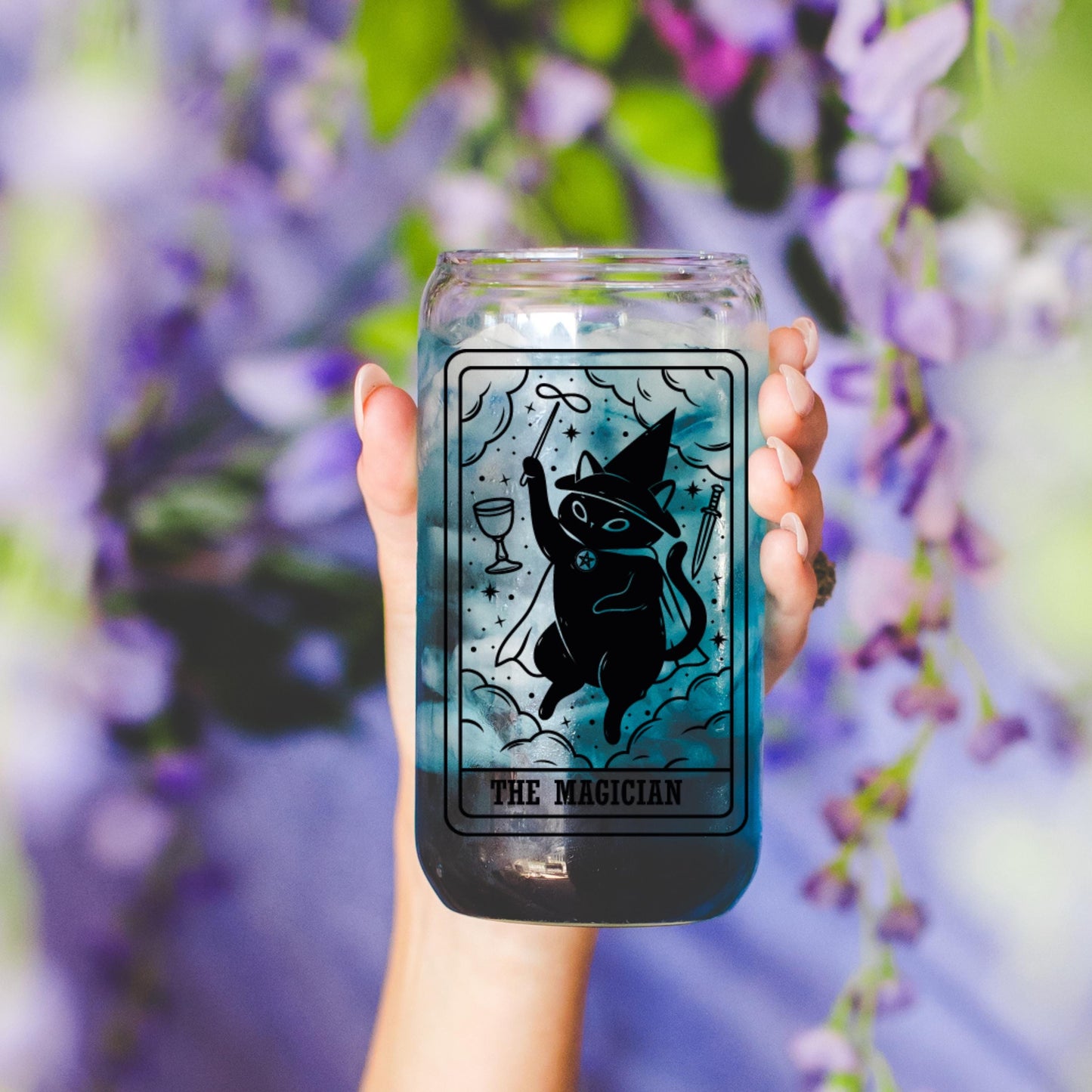 The Magician Black Cat Tarot Glass | Witchy Cat Iced Coffee Cup | Beer Can Glass Lid and Straw | Cat Mom Gifts | Spooky Cute Halloween Fall