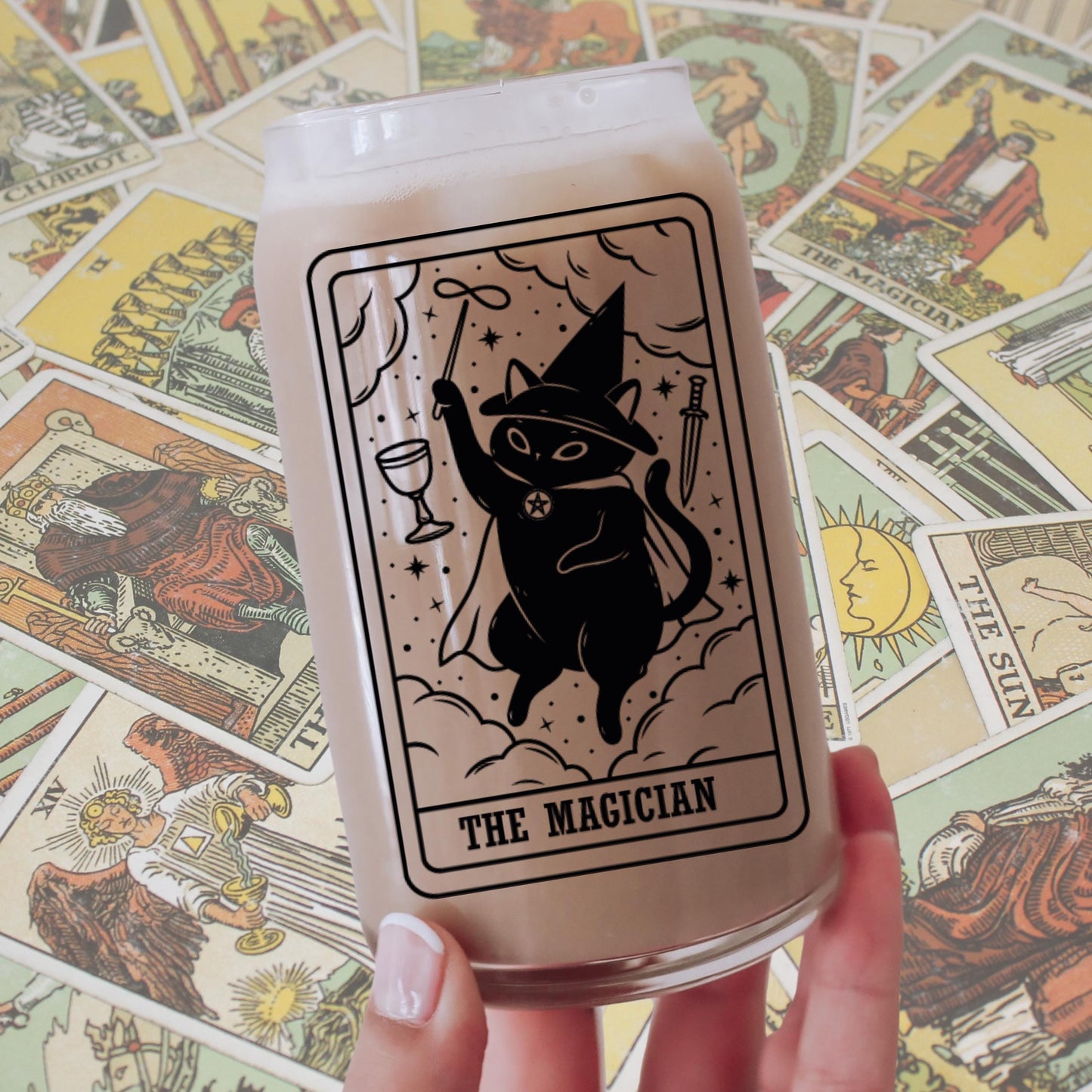 The Magician Black Cat Tarot Glass | Witchy Cat Iced Coffee Cup | Beer Can Glass Lid and Straw | Cat Mom Gifts | Spooky Cute Halloween Fall