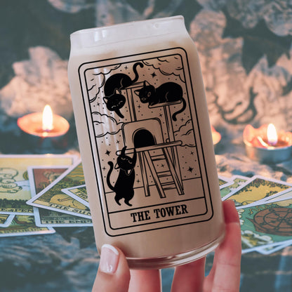 The Tower Black Cat Tarot Glass | Witchy Cat Iced Coffee Glass | Glass with Lid and Straw | Funny Cat Mom Gifts | Spooky Cute witchy gothic