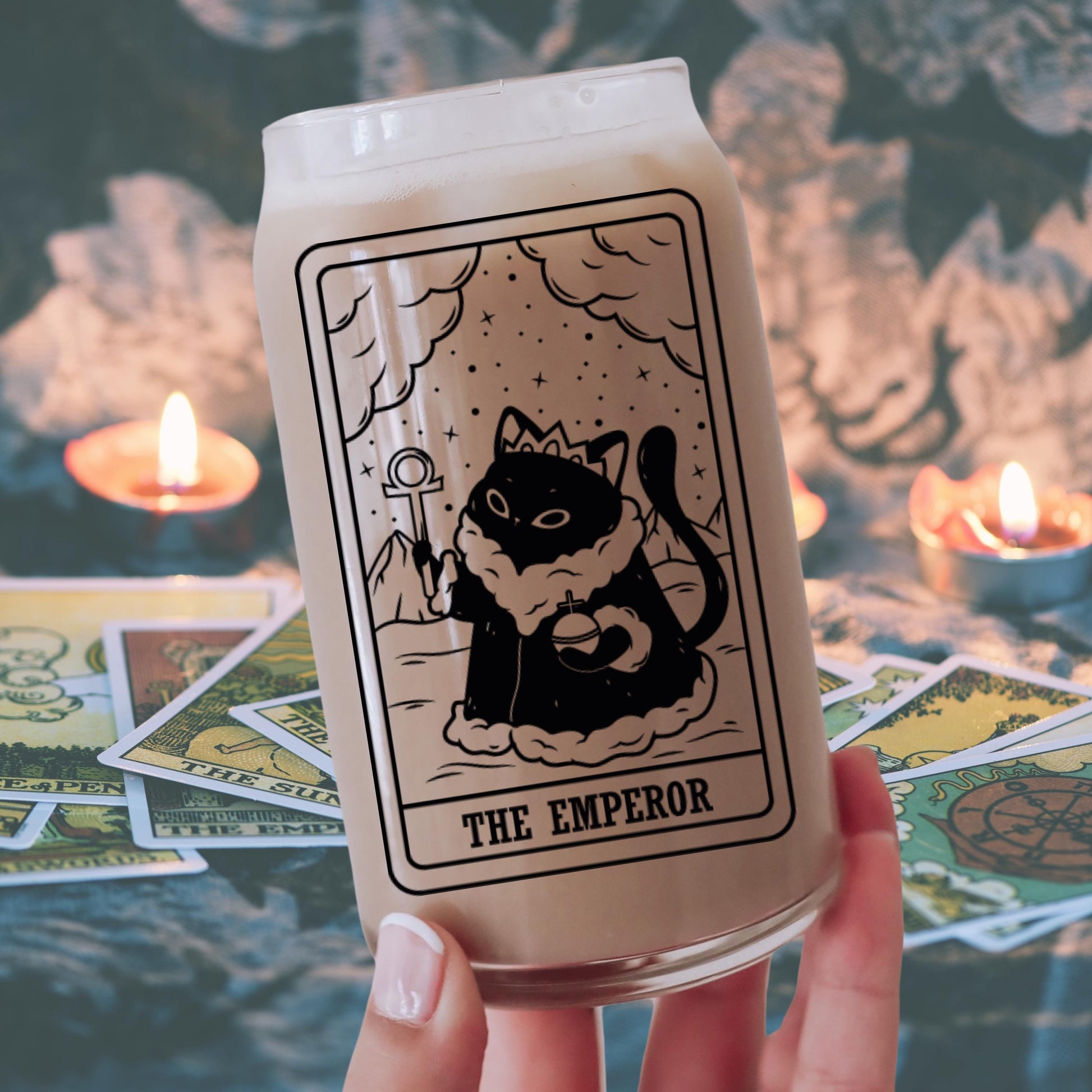 The Emperor Black Cat Tarot Glass | Witchy Iced Coffee Glass | Glass Cup with Lid and Straw | Funny Coffee Lover Cat Mom Gifts | Spooky Cute