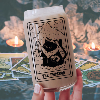 The Emperor Black Cat Tarot Glass | Witchy Iced Coffee Glass | Glass Cup with Lid and Straw | Funny Coffee Lover Cat Mom Gifts | Spooky Cute