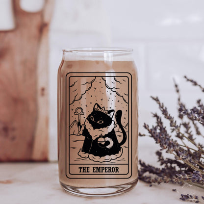 The Emperor Black Cat Tarot Glass | Witchy Iced Coffee Glass | Glass Cup with Lid and Straw | Funny Coffee Lover Cat Mom Gifts | Spooky Cute