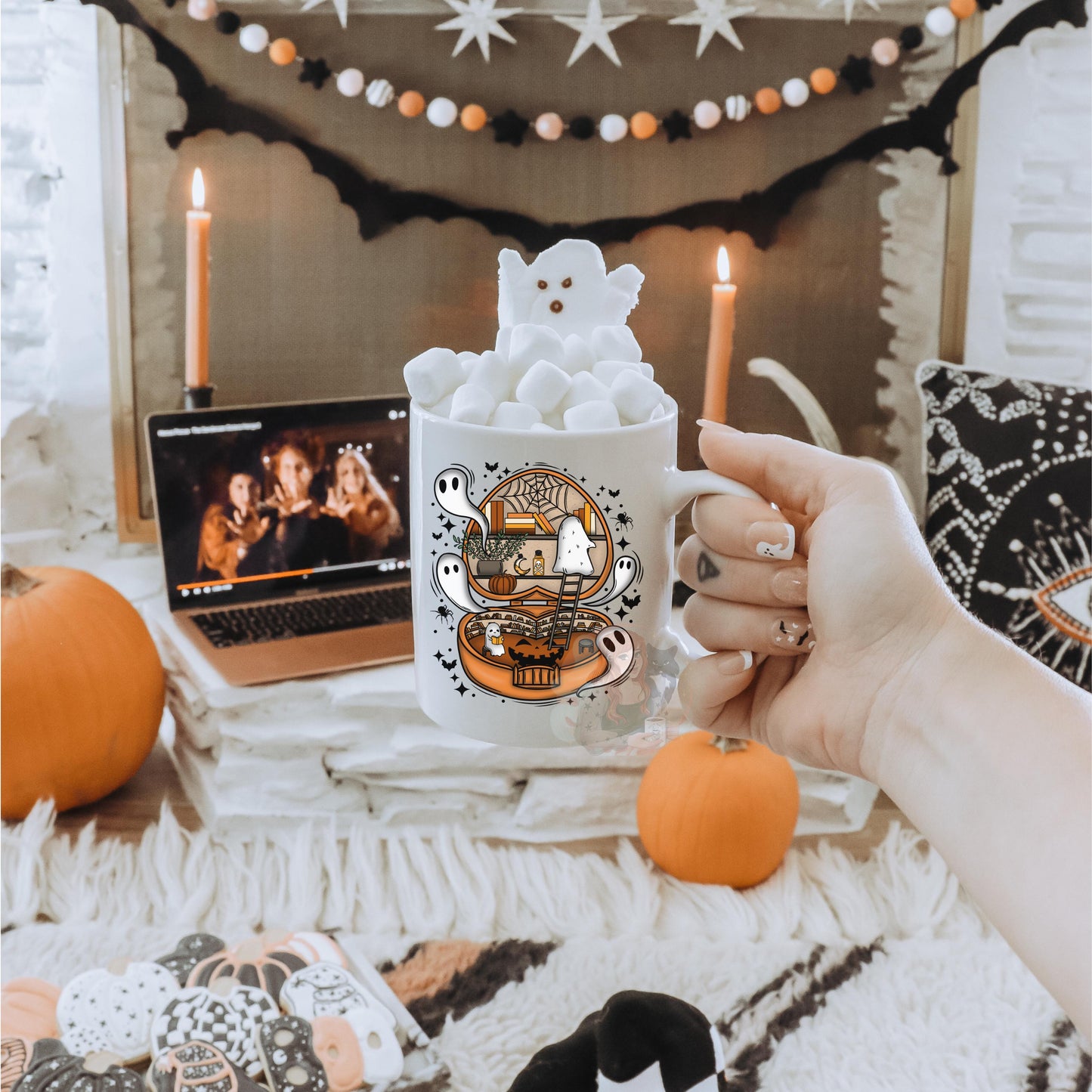 Spooky Cute Bookish Halloween Mug | Cute Ghosts Reading Cup | Halloween Book Lover Gifts | Bookworm Fall | Haunted Library Dark Cottagecore