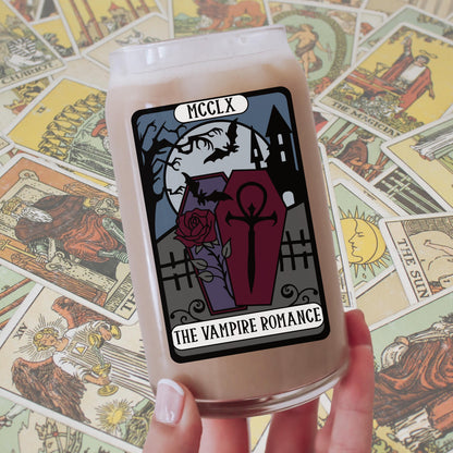 Vampire Romance Bookish Tarot Card Glass | Spooky Reader Iced Coffee Cup | Twilight Fan Gifts | Halloween Witchy Vibes | Reading Accessories