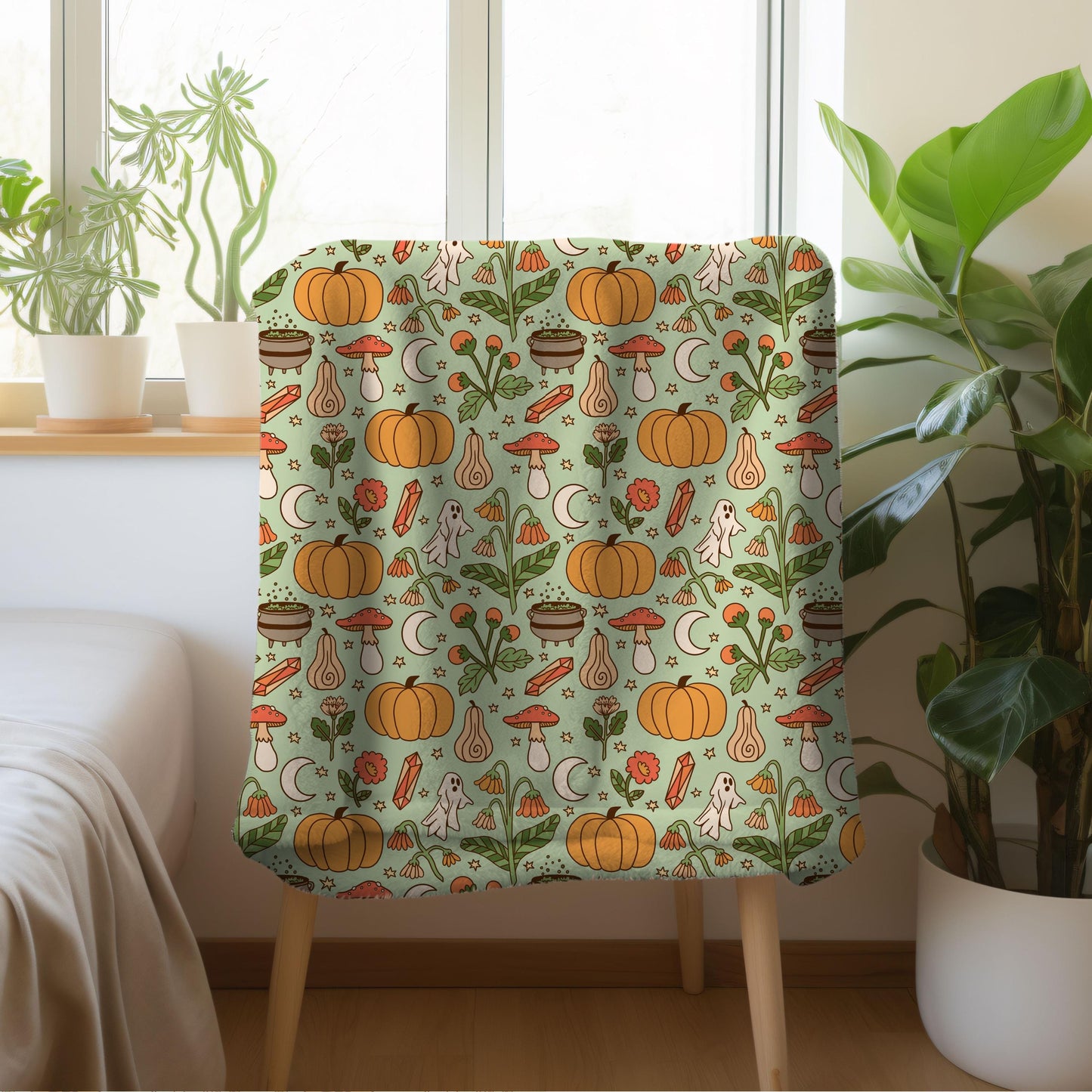 Cozy Autumn Plush Throw Blanket | Spooky Cute Ghosts, Pumpkins and Mushrooms | Dark Cottagecore Fall Decor | Halloween Lover Gifts