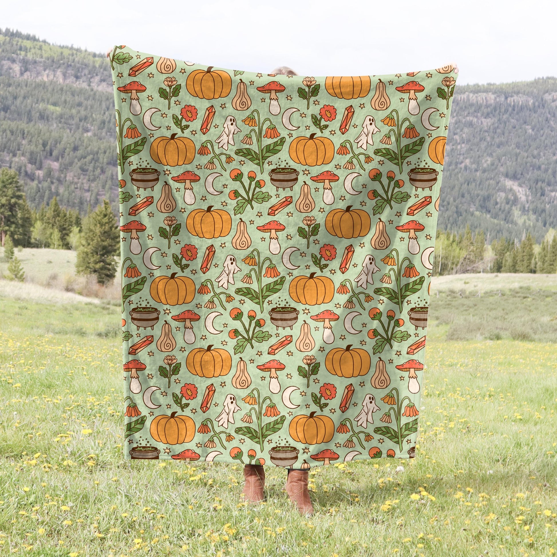 Cozy Autumn Plush Throw Blanket | Spooky Cute Ghosts, Pumpkins and Mushrooms | Dark Cottagecore Fall Decor | Halloween Lover Gifts