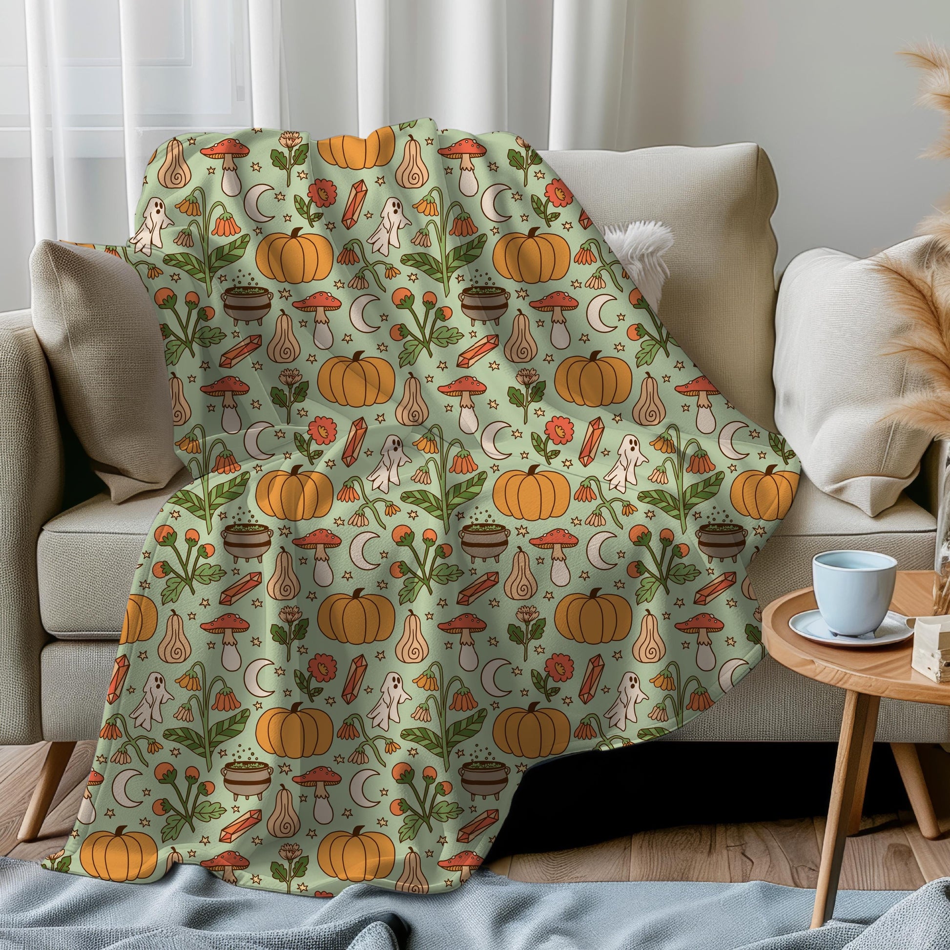 Cozy Autumn Plush Throw Blanket | Spooky Cute Ghosts, Pumpkins and Mushrooms | Dark Cottagecore Fall Decor | Halloween Lover Gifts