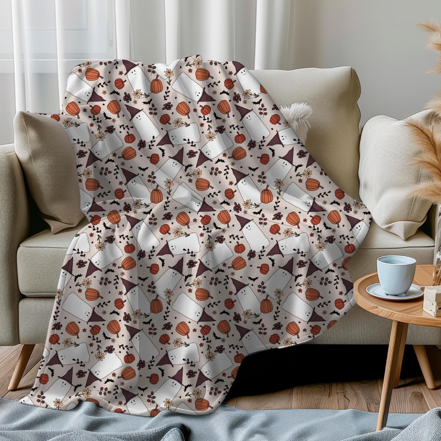 Spooky Cute Ghost and Pumpkins Plush Throw Blanket | Witchy Ghost Halloween Decor | Autumn and fall Lover Gifts | Trendy Pastel Halloween