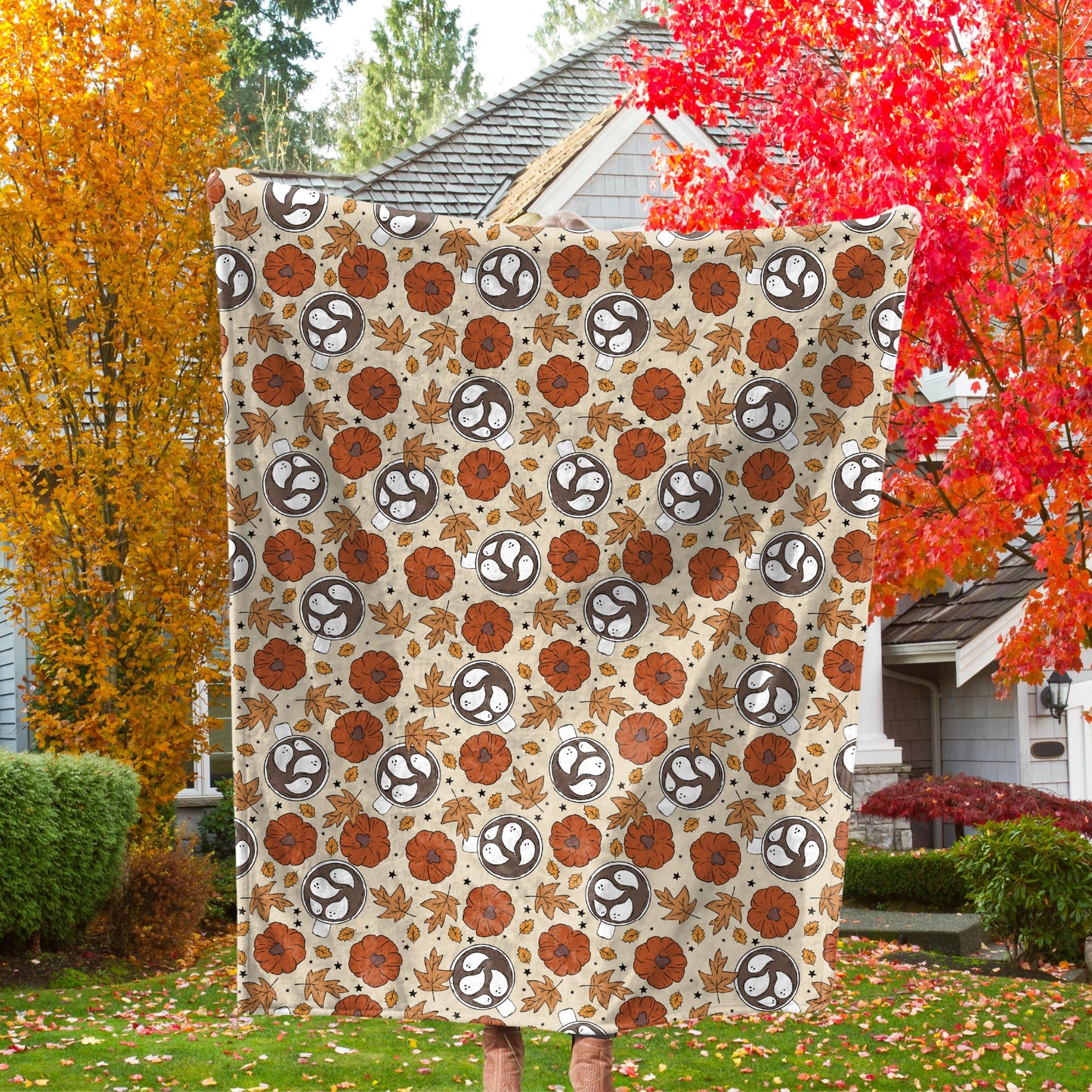 Spooky Cute Fall Throw Blanket | Pumpkins and Ghosts Plush Throw | Fall Home Decor | Ghostie Autumn Leaves and Pumpkins | Halloween Lover