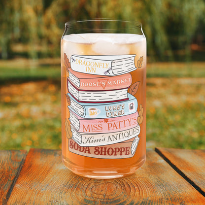 Stars Hollow Book Stack Iced Coffee Glass | Gilmore Girls Season Coffee Cup | Cozy Fall and Autumn Lover Gifts | Luke, Lorelei, Rory TV Show