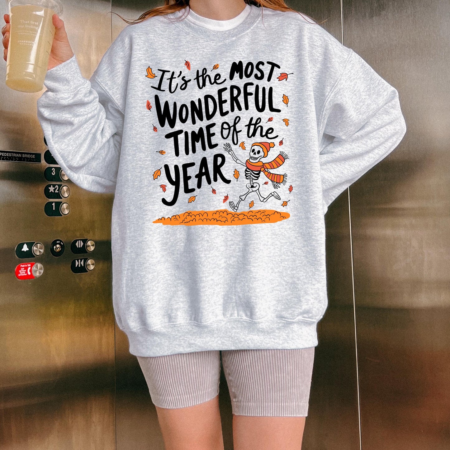 Most Wonderful Time Cute Fall Lover Sweatshirt, Halloween Obsessed Crewneck, Autumn Leaves Pumpkin Spice, Skeleton Spooky Season Gift