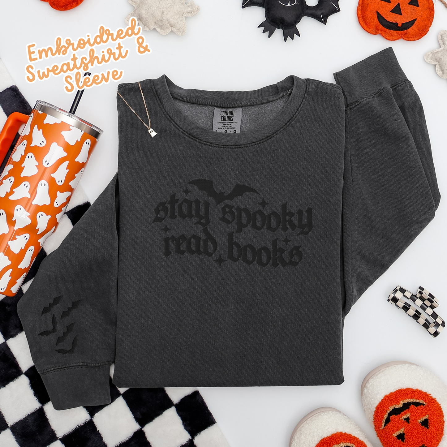 Stay Spooky Read Books Embroidred Comfort Colors Crewneck - Bookish Halloween Sweatshirt